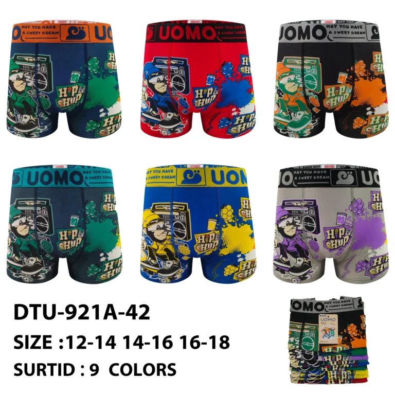 Nine stock colourways of the boys' boombox hip-hop print boxer brief DTU-921A-42, graded 12-14 to 16-18