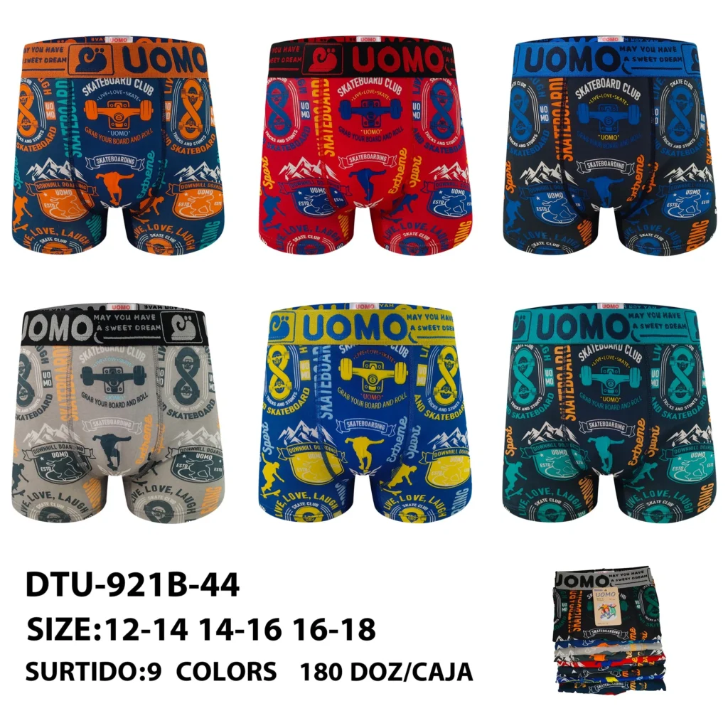 Nine stock colourways of the boys' skateboard-club badge print boxer brief DTU-921B-44, graded 12-14 to 16-18