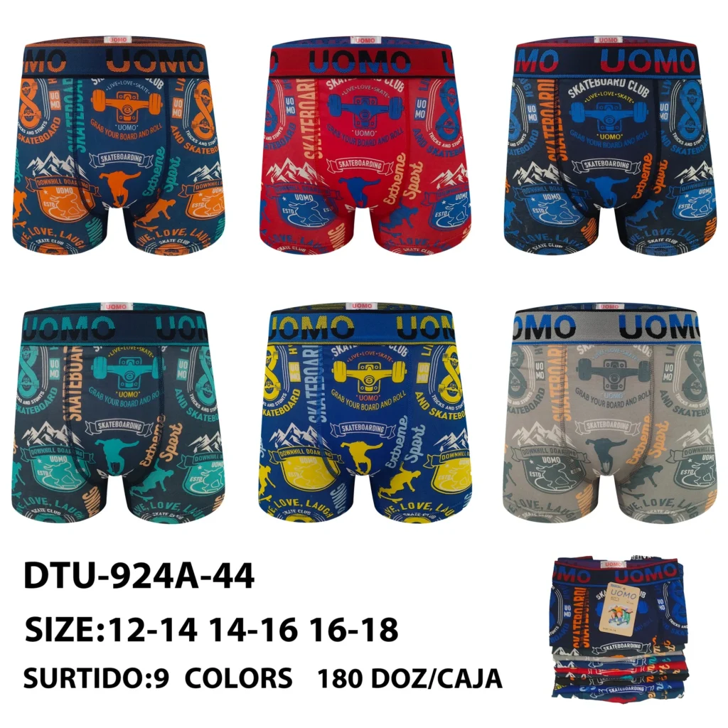Nine stock colourways of the boys' skateboard-club badge print boxer brief DTU-924A-44, graded 12-14 to 16-18