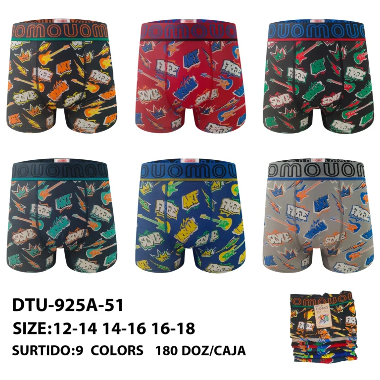 Nine stock colourways of the boys' guitar and sticker print boxer brief DTU-925A-51, graded 12-14 to 16-18
