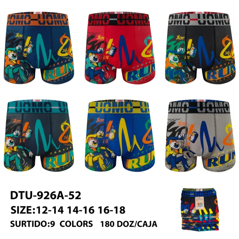 Nine stock colourways of the boys' run graphic boxer brief DTU-926A-52, graded 12-14 to 16-18