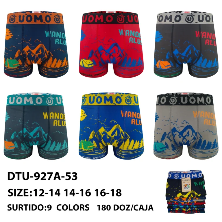Nine stock colourways of the boys' mountain camping print boxer brief DTU-927A-53, graded 12-14 to 16-18