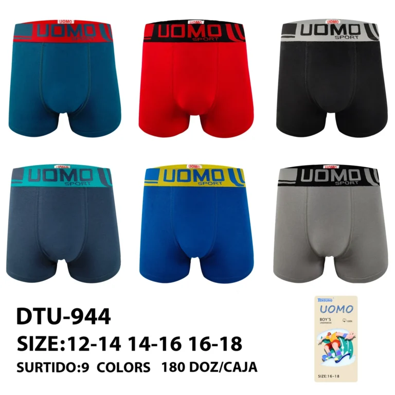 Nine stock colourways of the Boys' UOMO SPORT jacquard boxer brief DTU-944, graded 12-14 to 16-18