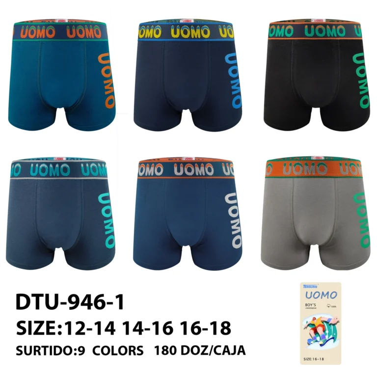 Nine stock colourways of the Boys' gradient UOMO side-print boxer brief DTU-946-1, graded 12-14 to 16-18
