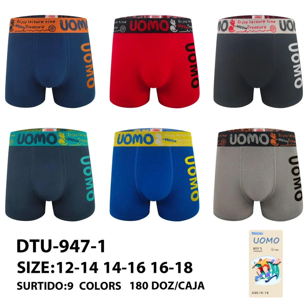 Nine stock colourways of the Boys' Meow Treasure cat-band boxer brief DTU-947-1, graded 12-14 to 16-18