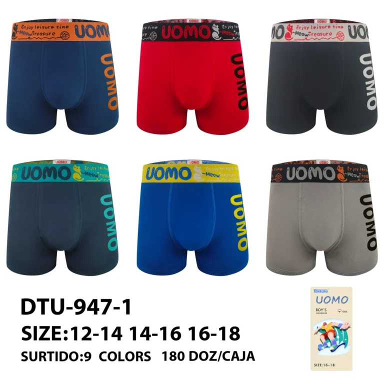 Nine stock colourways of the Boys' Meow Treasure cat-band boxer brief DTU-947-1, graded 12-14 to 16-18