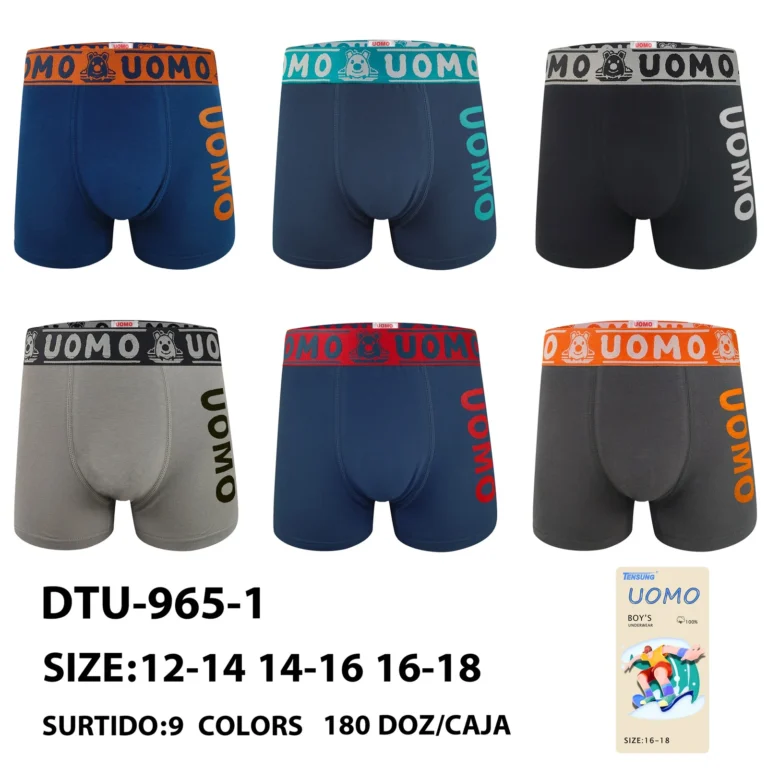 Nine stock colourways of the Boys' bear-face UOMO side-print boxer brief DTU-965-1, graded 12-14 to 16-18