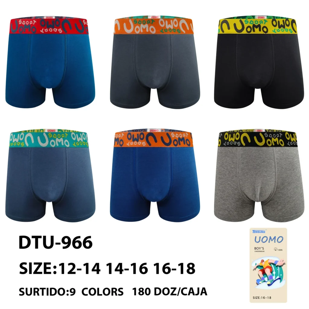 Nine stock colourways of the Boys' doodle-letter sport waistband boxer brief DTU-966, graded 12-14 to 16-18