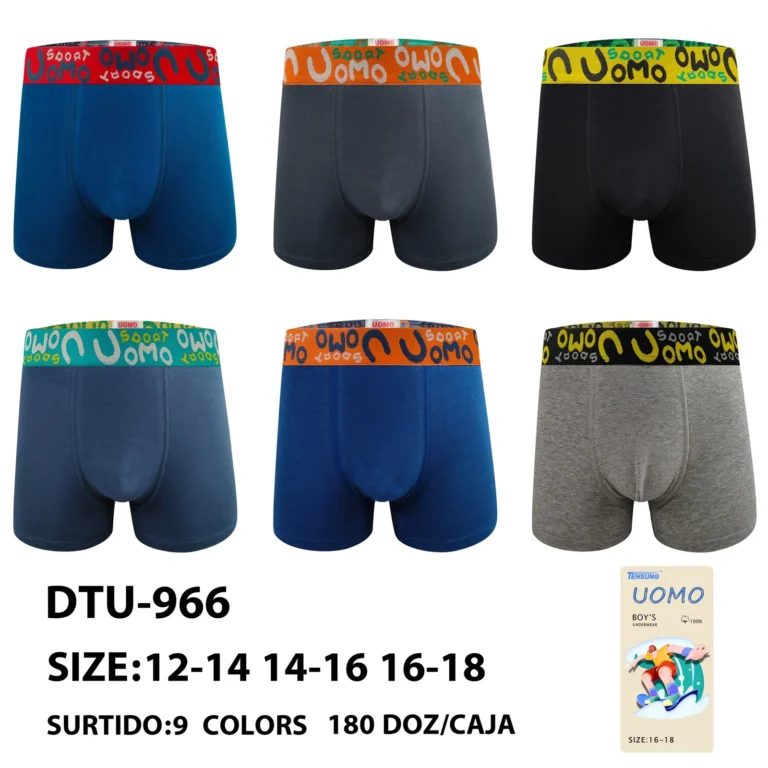 Nine stock colourways of the Boys' doodle-letter sport waistband boxer brief DTU-966, graded 12-14 to 16-18