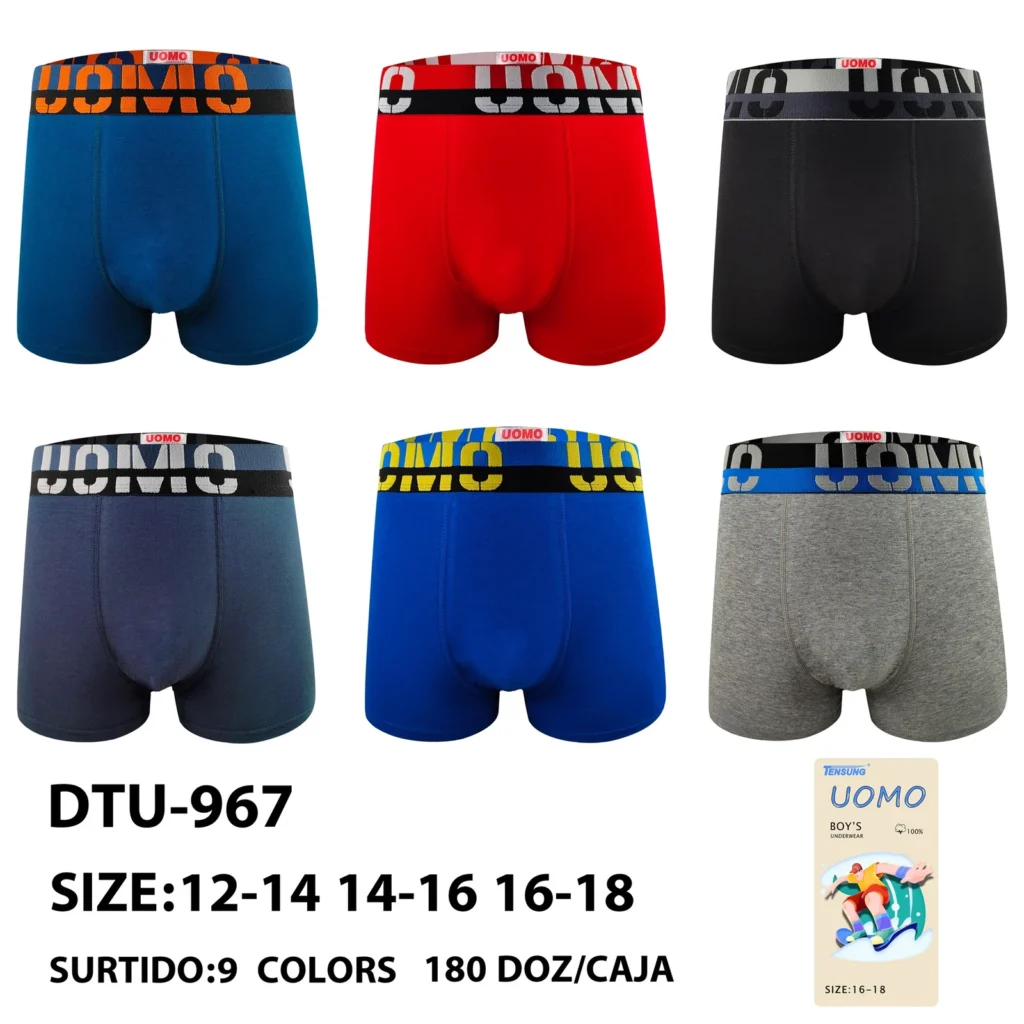 Nine stock colourways of the Boys' stencil UOMO jacquard boxer brief DTU-967, graded 12-14 to 16-18
