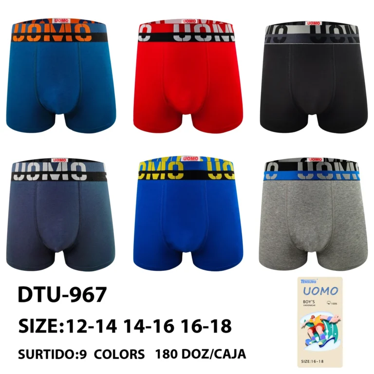 Nine stock colourways of the Boys' stencil UOMO jacquard boxer brief DTU-967, graded 12-14 to 16-18