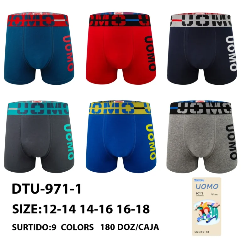 Nine stock colourways of the Boys' cross-cut UOMO side-print boxer brief DTU-971-1, graded 12-14 to 16-18