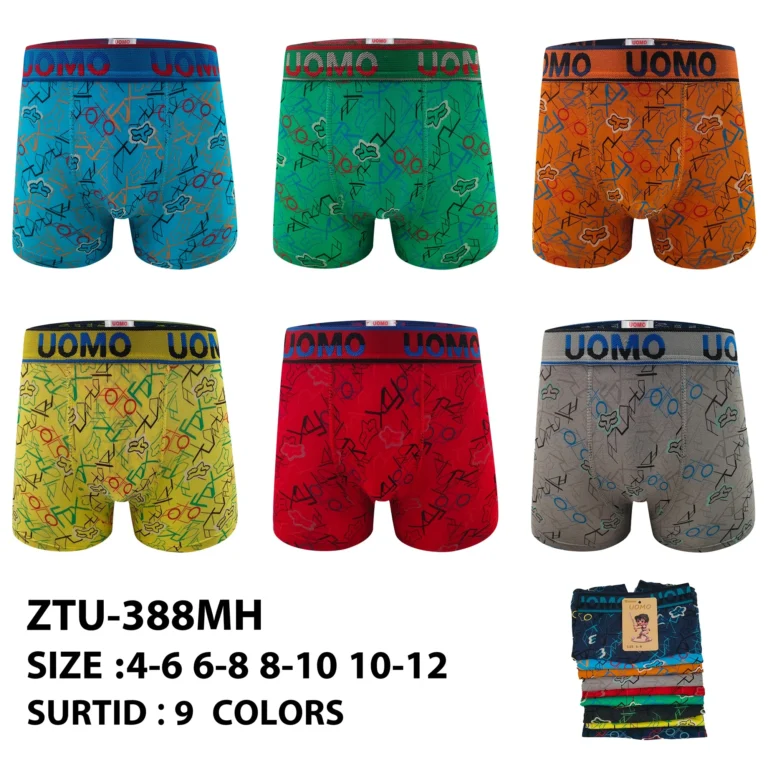 Nine stock colourways of the younger boys' geometric doodle boxer brief ZTU-388MH, graded 4-6 to 10-12