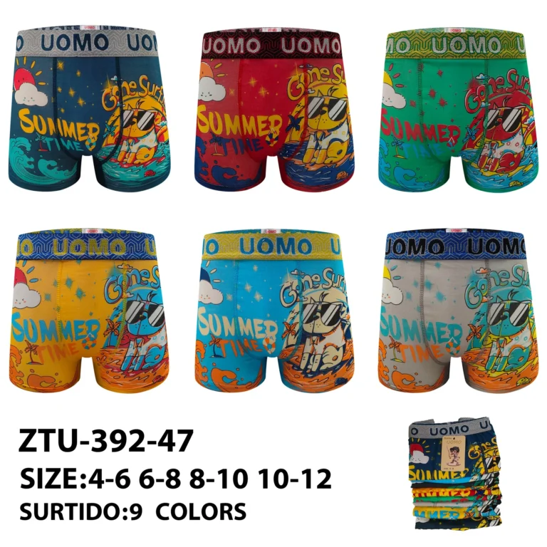 Nine stock colourways of the younger boys' summer surf-dog boxer brief ZTU-392-47, graded 4-6 to 10-12