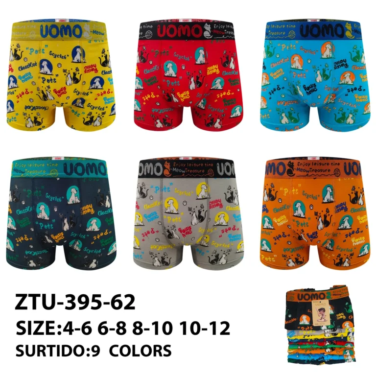 Nine stock colourways of the younger boys' cats and dogs print boxer brief ZTU-395-62, graded 4-6 to 10-12