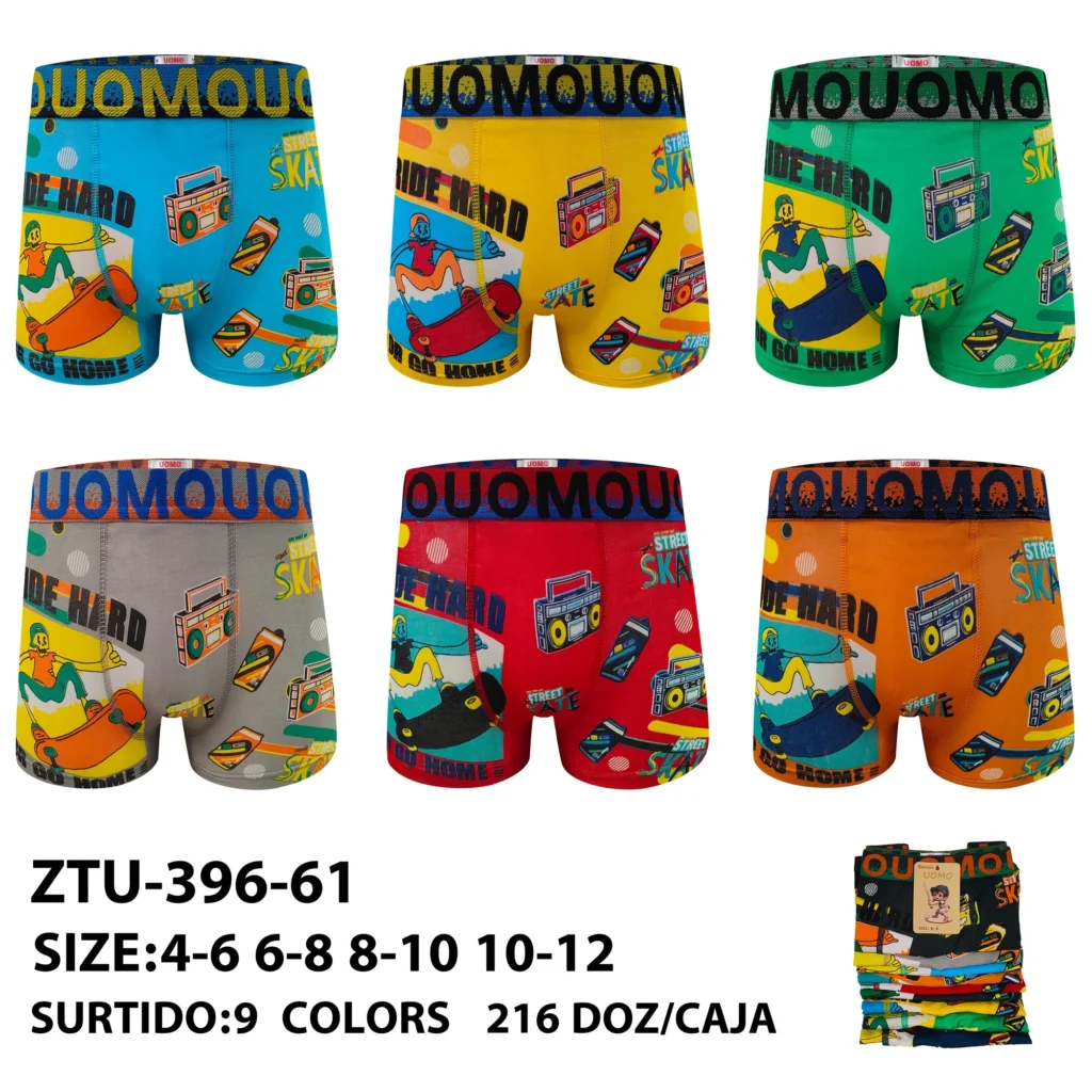 Nine stock colourways of the younger boys' ride-hard skate boxer brief ZTU-396-61, graded 4-6 to 10-12