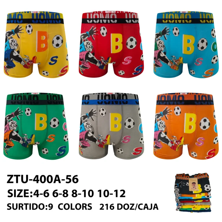 Nine stock colourways of the younger boys' panda football boxer brief ZTU-400A-56, graded 4-6 to 10-12