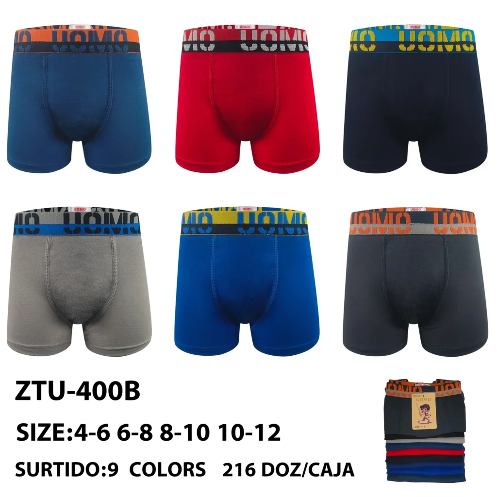 Nine stock colourways of the younger boys' solid cotton boxer brief ZTU-400B, graded 4-6 to 10-12