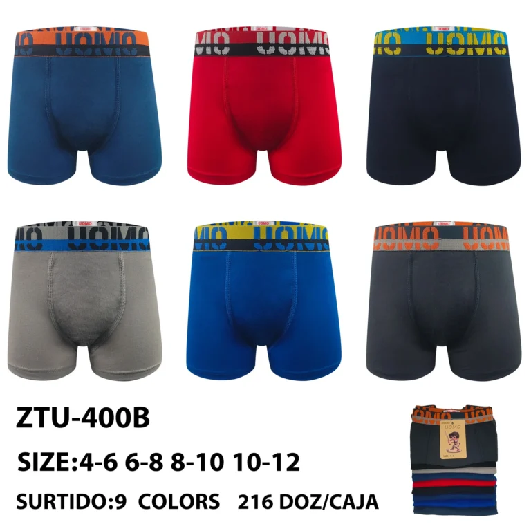 Nine stock colourways of the younger boys' solid cotton boxer brief ZTU-400B, graded 4-6 to 10-12