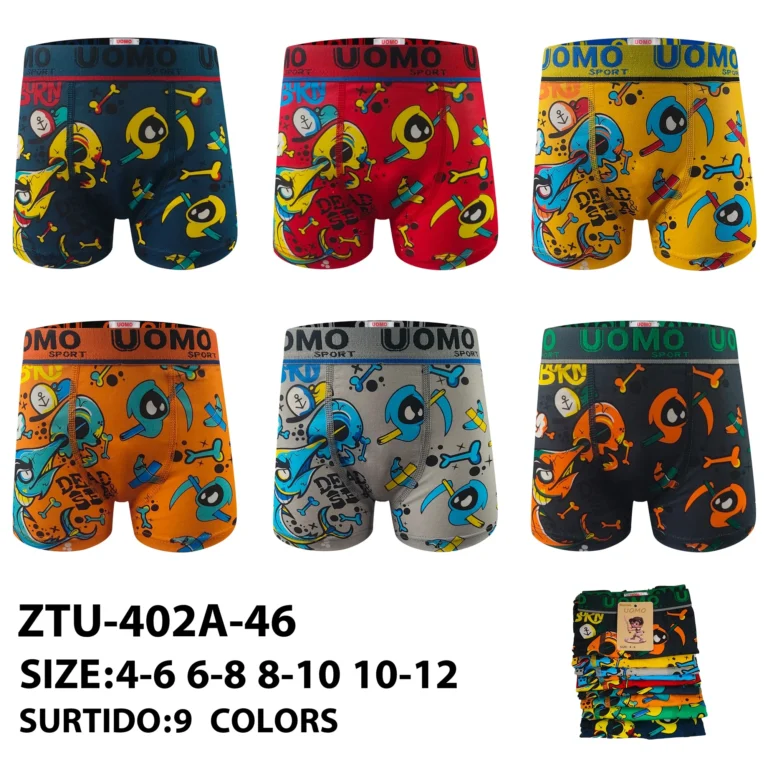Nine stock colourways of the younger boys' pirate skull print boxer brief ZTU-402A-46, graded 4-6 to 10-12