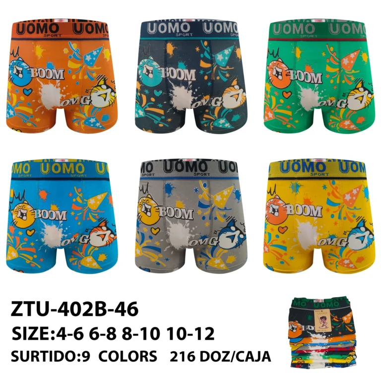 Nine stock colourways of the younger boys' party-cat print boxer brief ZTU-402B-46, graded 4-6 to 10-12