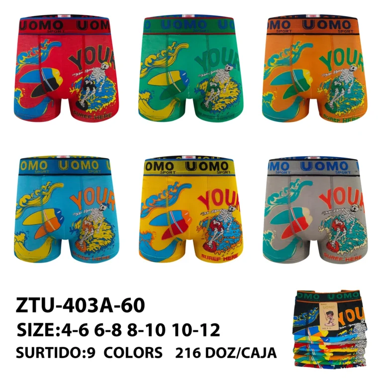 Nine stock colourways of the younger boys' surfing skeleton boxer brief ZTU-403A-60, graded 4-6 to 10-12