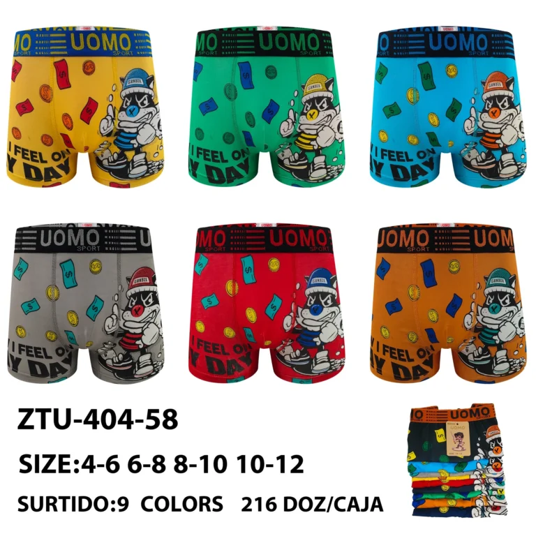 Nine stock colourways of the younger boys' money-cat print boxer brief ZTU-404-58, graded 4-6 to 10-12