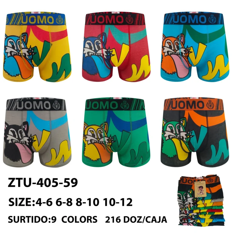 Nine stock colourways of the younger boys' colour-block wolf boxer brief ZTU-405-59, graded 4-6 to 10-12