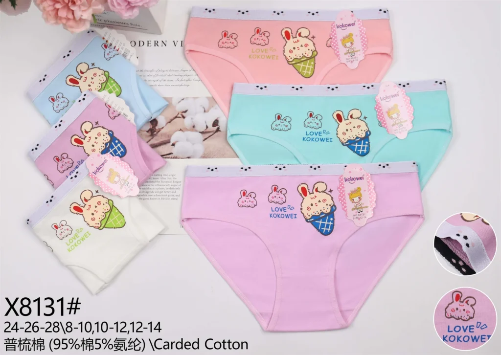 Girls' cotton brief X8131 with a bunny ice-cream print, shown in six pastel colours