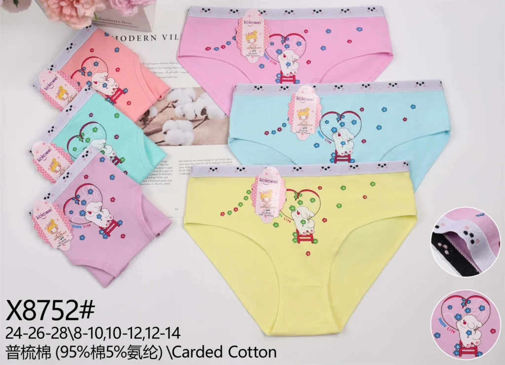 Girls' cotton brief X8752 with a bunny and flower heart print, shown in six pastel colours