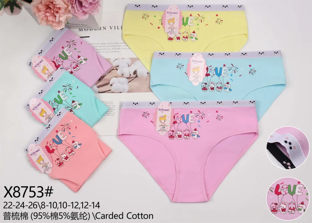 Girls' cotton brief X8753 with a balloon LOVE print, shown in six pastel colours