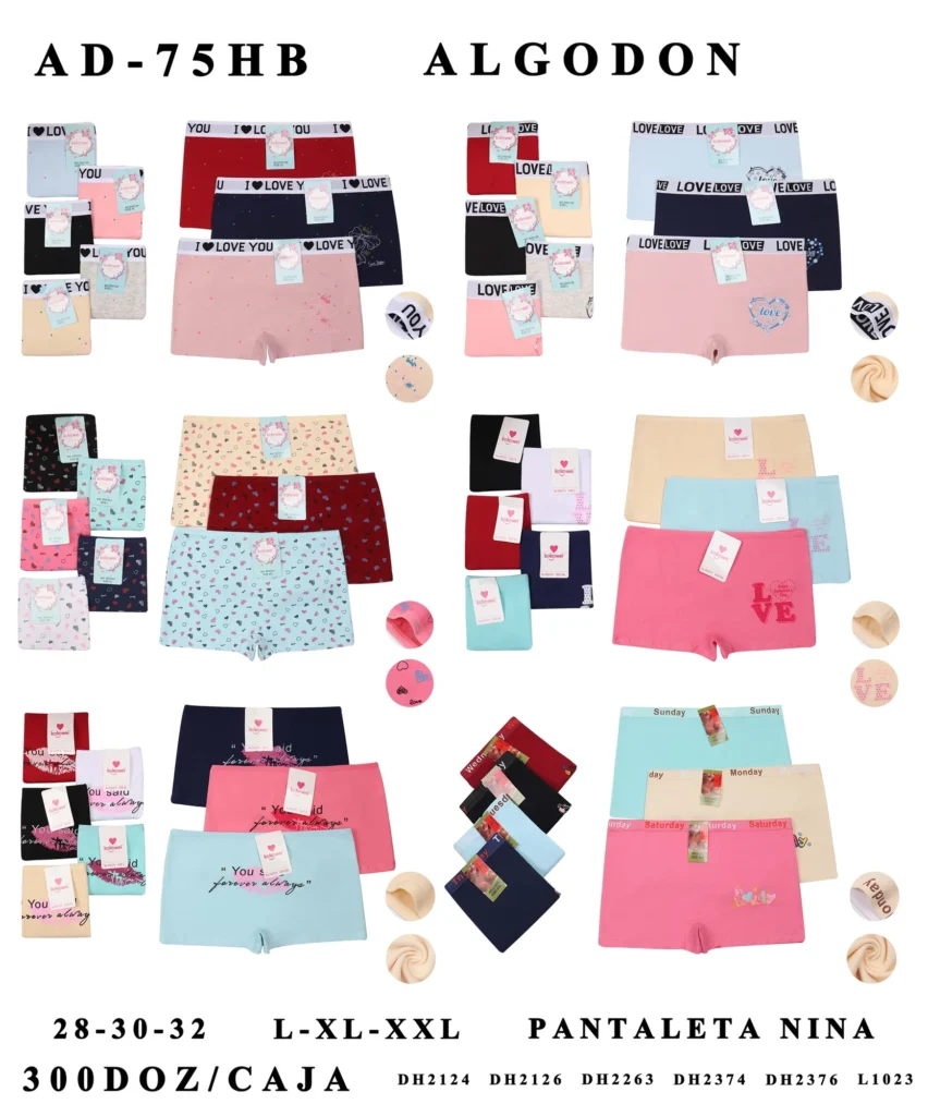 AD-75HB girls' boyshort assortment sheet showing styles DH2124, DH2126, DH2263, DH2374, DH2376 and L1023 in their stock colours
