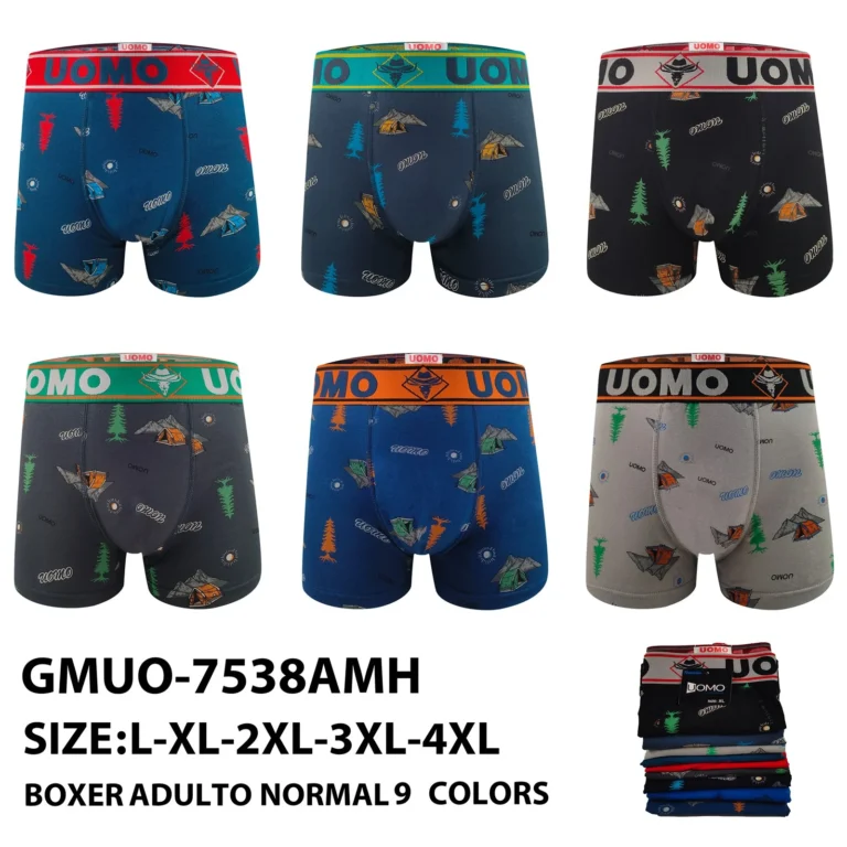 Stock colourways of the camping tent and pine print boxer brief GMUO-7538AMH