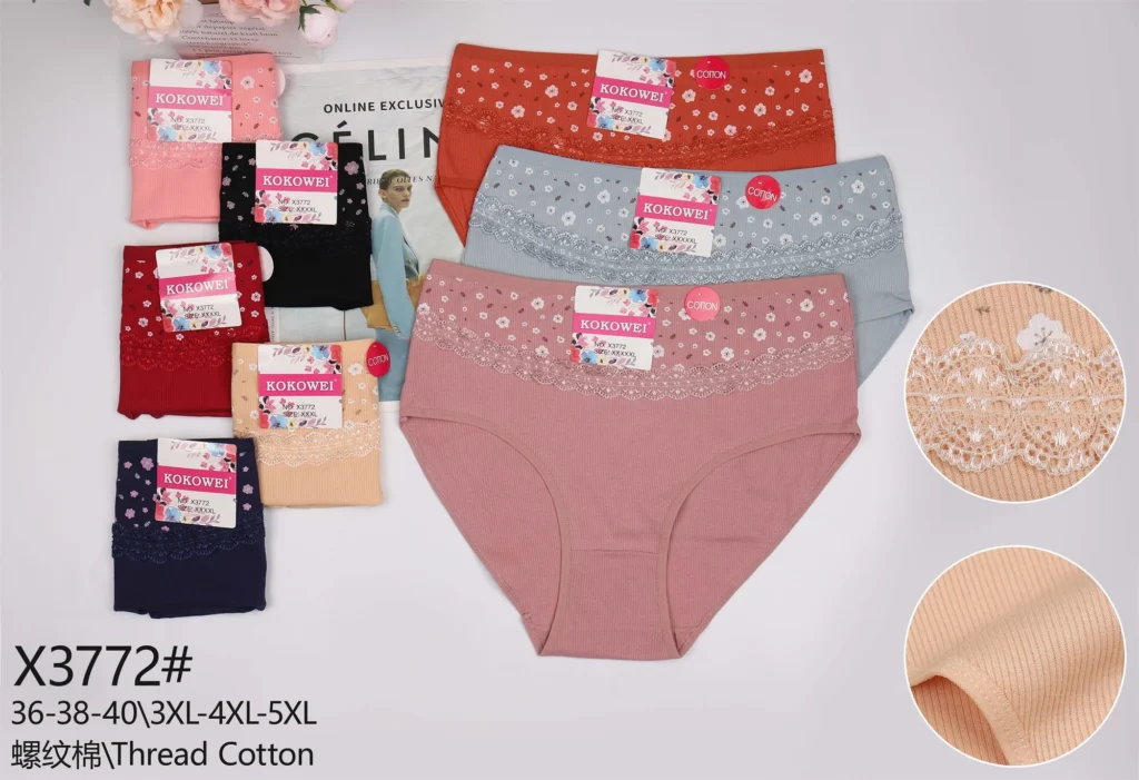 Plus-size rib-knit brief X3772 with a floral-print upper front and lace trim, shown in seven colours