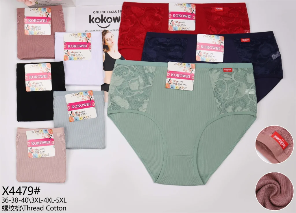 Plus-size rib-knit brief X4479 with lace side panels at both hips, shown in seven colours
