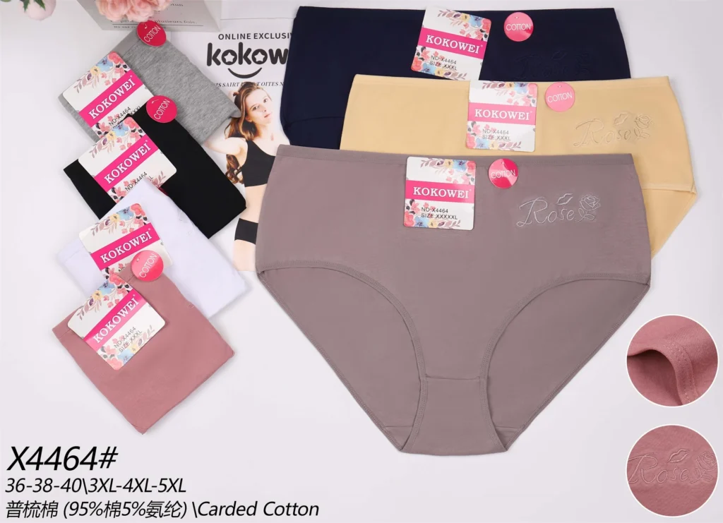Plus-size cotton brief X4464 with an embroidered Rose script on the hip, shown in seven colours