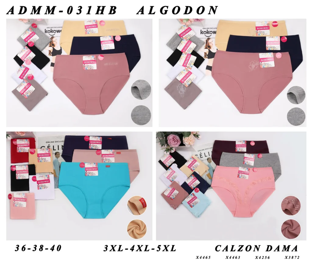 ADMM-031HB plus-size women's brief assortment sheet showing styles X4465, X4463, X4256 and X3872 in their stock colours