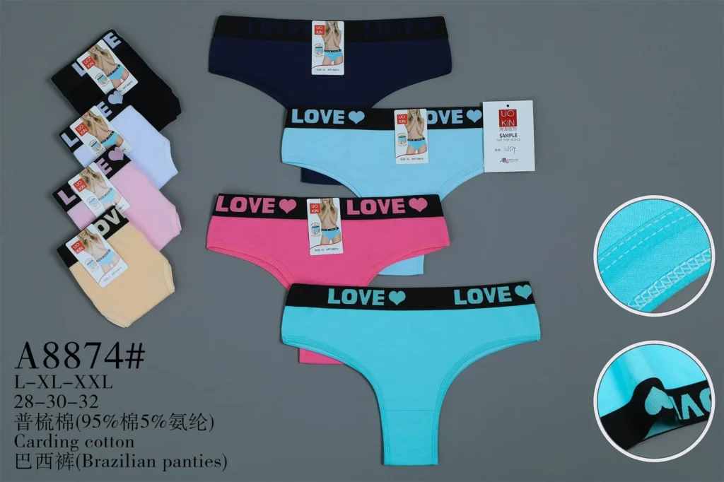 Women's cotton Brazilian brief A8874 with a LOVE heart jacquard waistband, shown in seven colours
