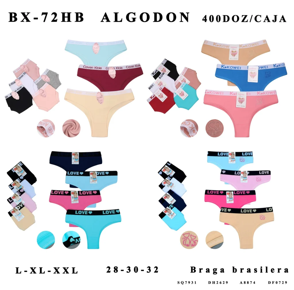 BX-72HB women's Brazilian brief assortment sheet showing styles SQ7931, DH2629, A8874 and DF0729 in their stock colours