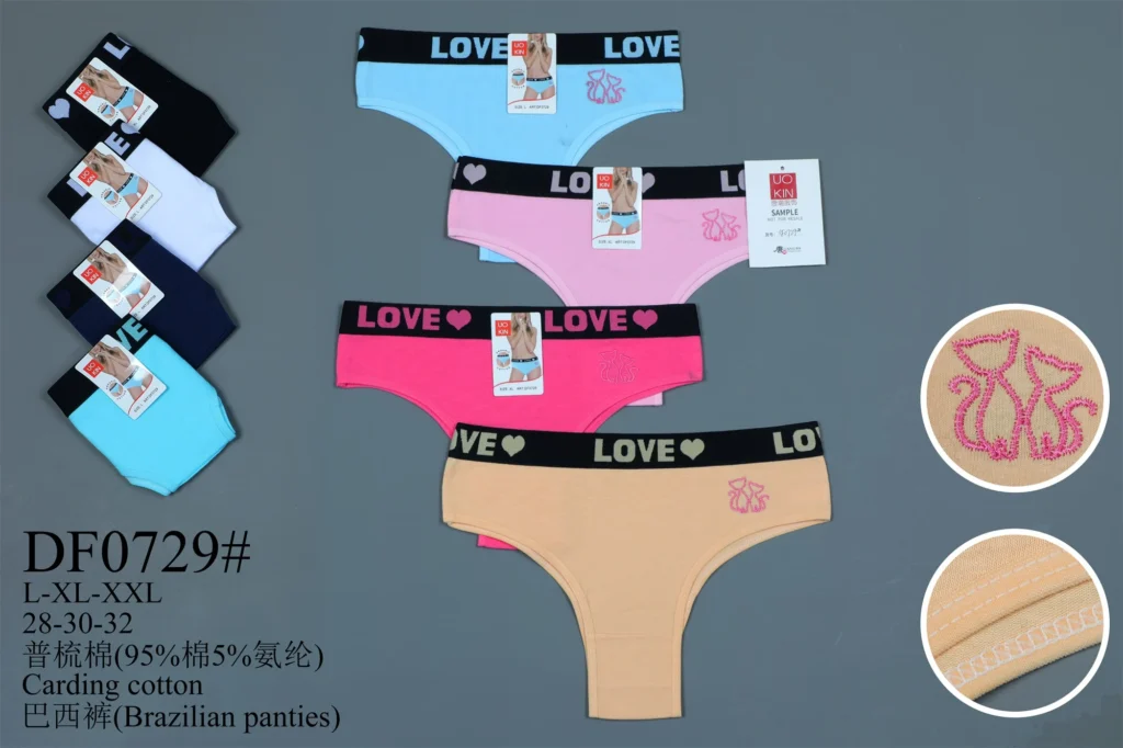 Women's cotton Brazilian brief DF0729 with a LOVE band and a cat and bow embroidery, shown in seven colours