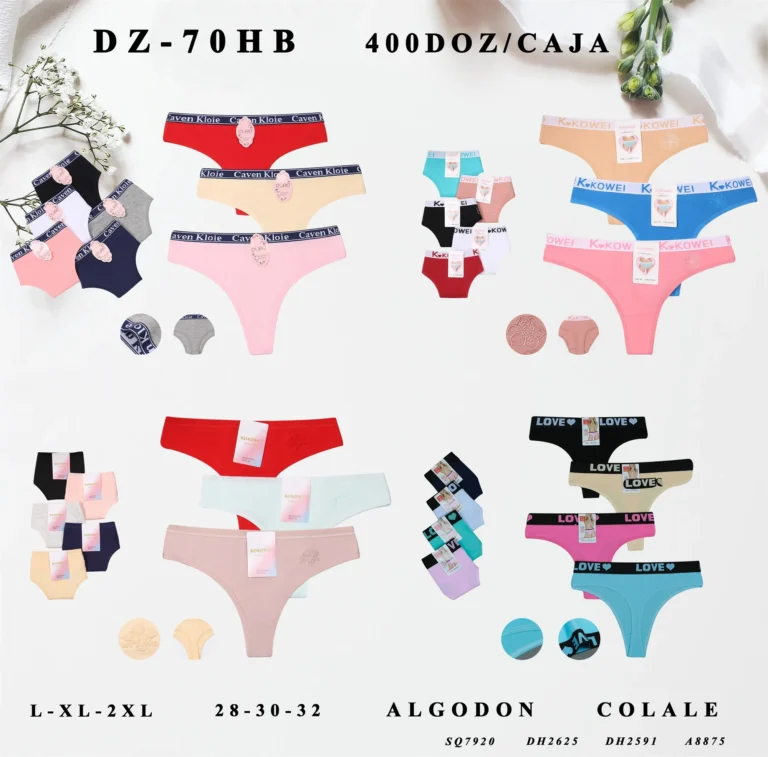 DZ-70HB women's thong assortment sheet showing styles SQ7920, DH2625, DH2591 and A8875 in their stock colours