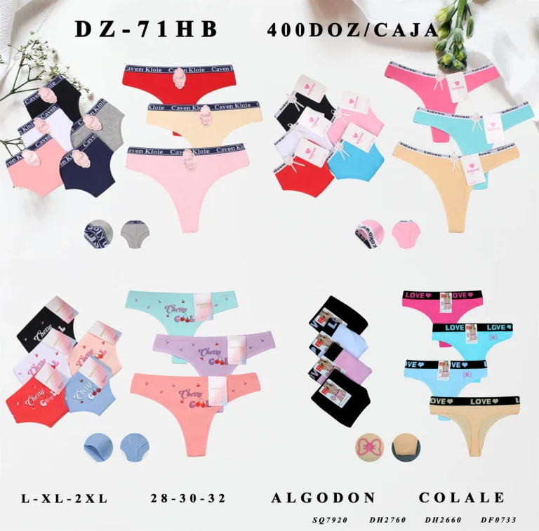 DZ-71HB women's thong assortment sheet showing styles SQ7920, DH2760, DH2660 and DF0733 in their stock colours