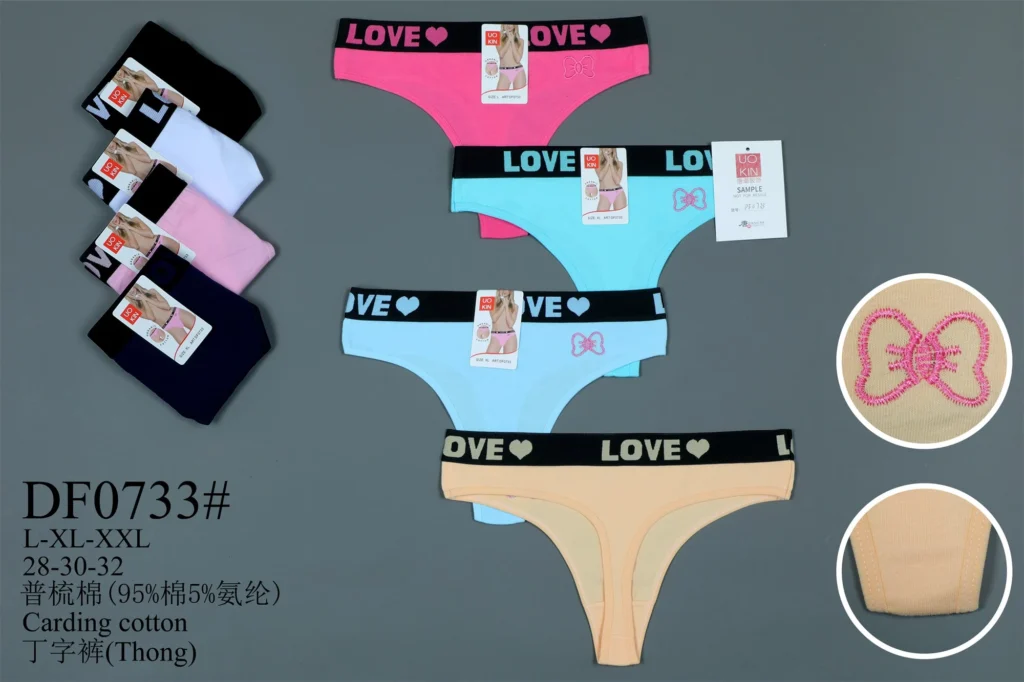 Tanga de algodón DF0733 con cinturilla de corazones LOVE y bordado de lazo, en seis colores