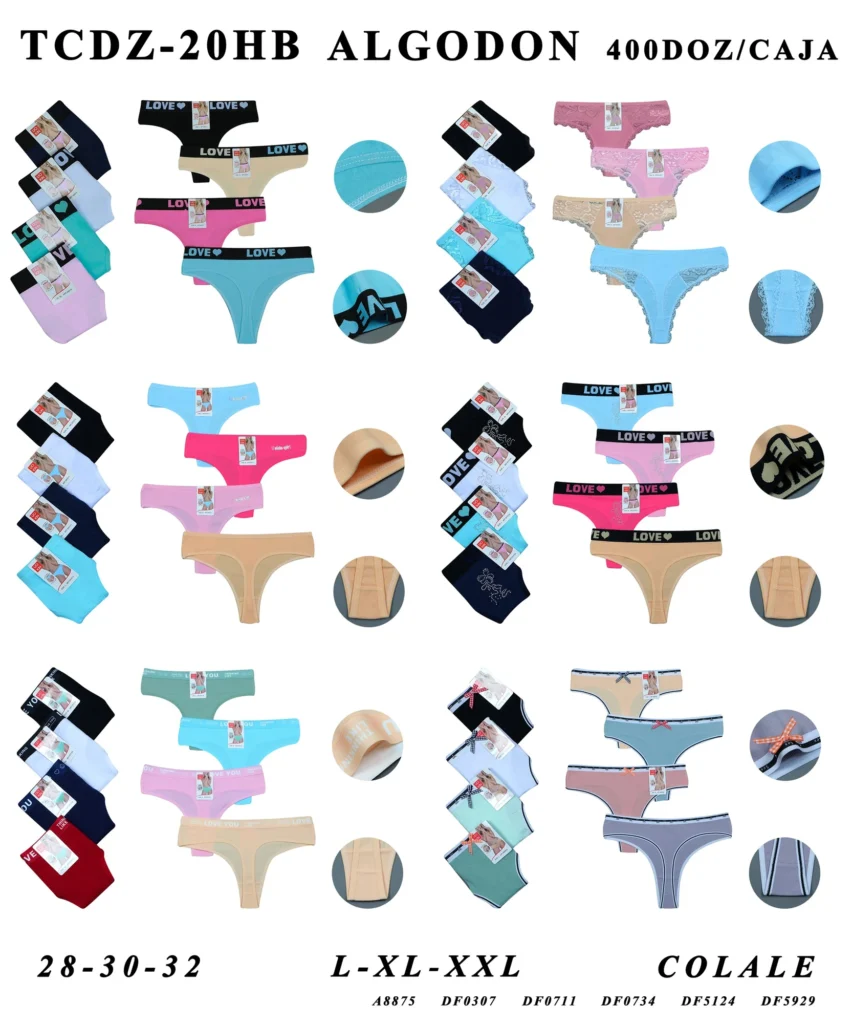 Stock colourways of the six-style cotton thong assortment TCDZ-20HB