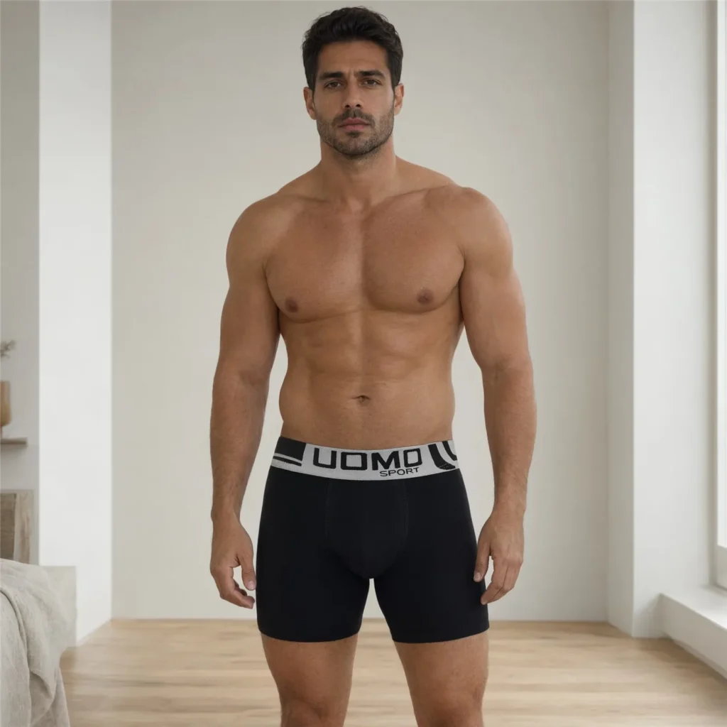 GMUO-7076B black cotton boxer brief, front view on model