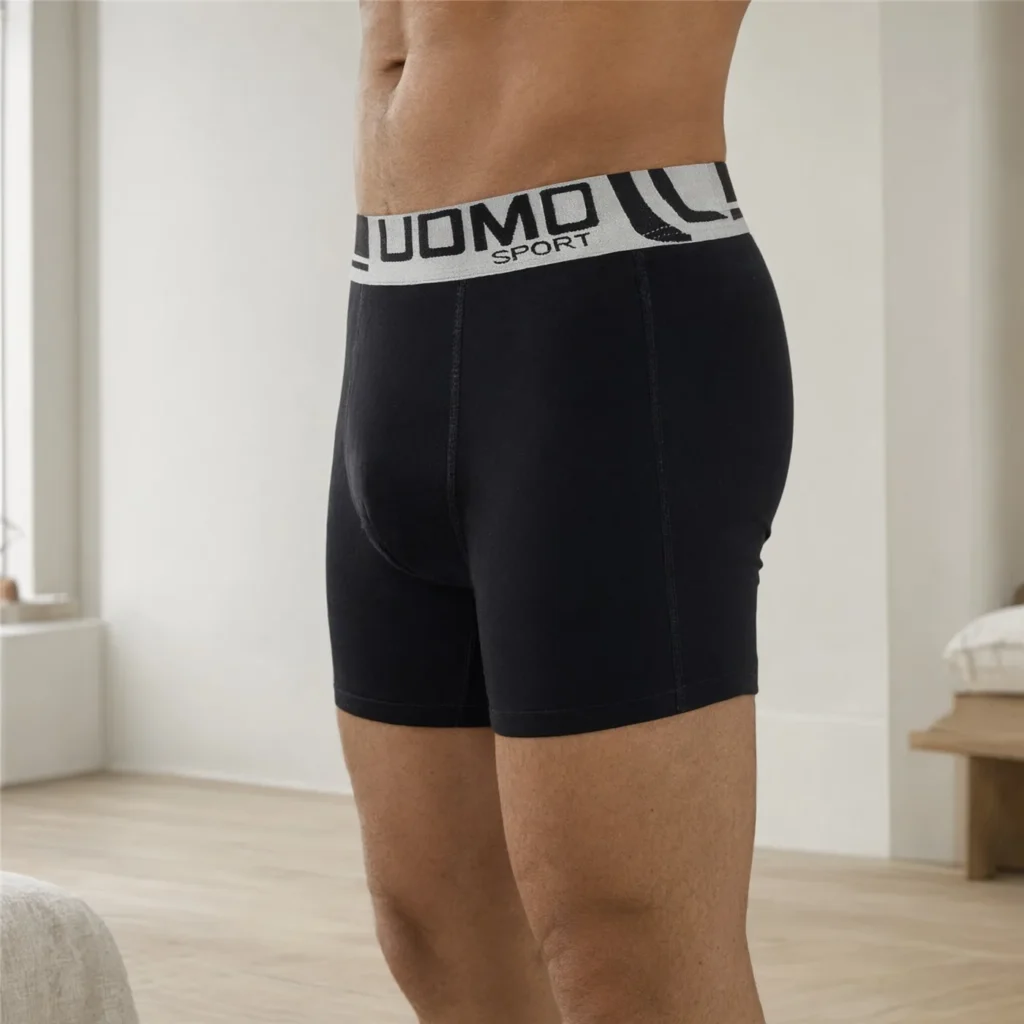 GMUO-7076B black boxer brief, side view showing the leg and side seam