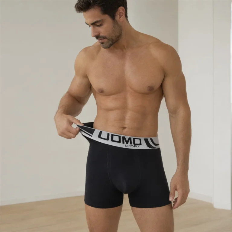 Jacquard UOMO SPORT waistband of the GMUO-7076B boxer brief stretched by hand