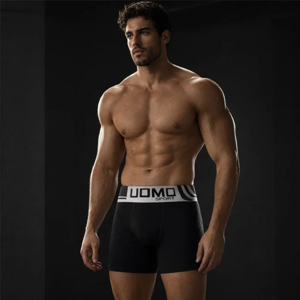 GMUO-7076B black cotton boxer brief on model under directional studio light