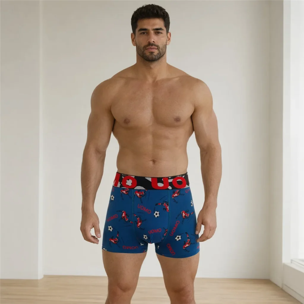 GMUO-7141AMH football-print boxer brief in petrol blue, front view on model