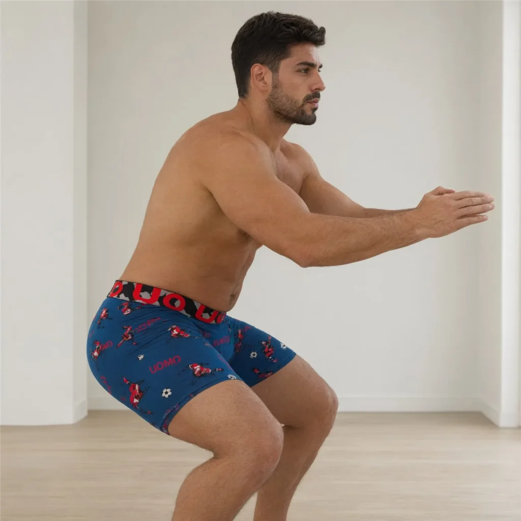 GMUO-7141AMH printed boxer brief worn through a deep squat, showing stretch and leg-hem hold